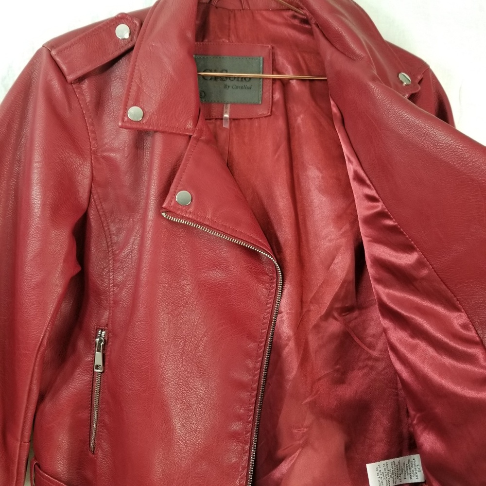 NWOT Red Vegan Leather Biker Jacket, Sz L